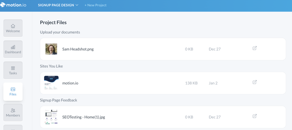The files page in Motion.io showing all files added to a project and the task they are associated with