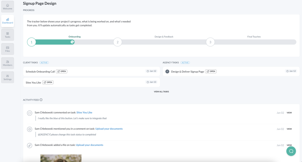 Motion.io redesigned dashboard as of January 2023 showing the progress tracker, task ownership, and activity feed