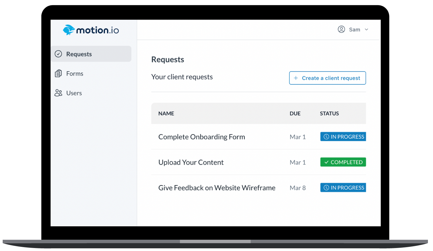 Picture of Motion.io's client request dashboard showing client requests to provide feedback, submit an onboarding form, and provide content
