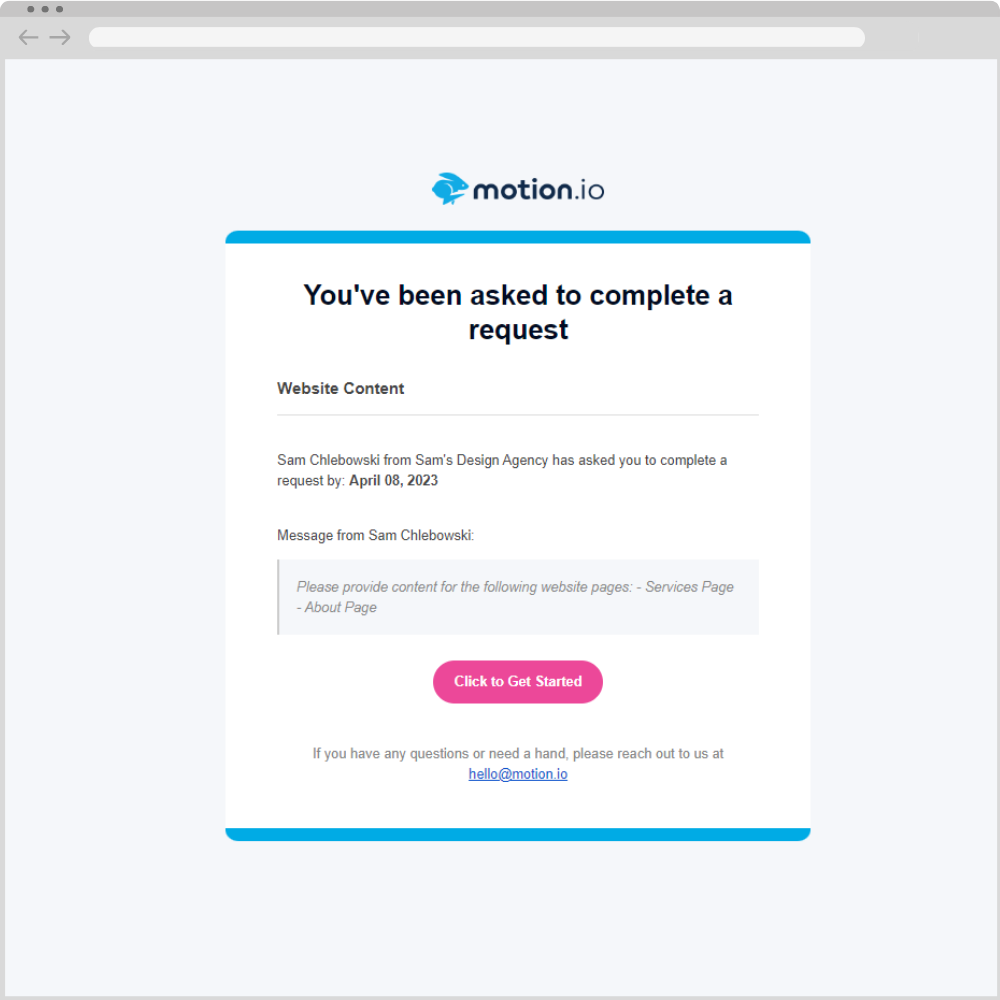 Email requesting a client to complete a request in Motion.io