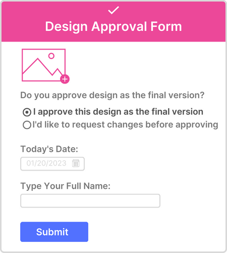 Mockup image showcasing what a design approval form can look like and how it can be built using Motion.io's drag-and-drop form builder.