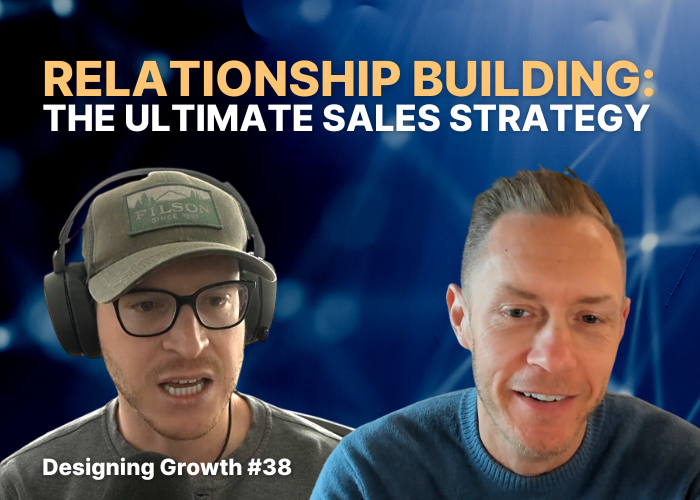 Featured image for episode 40 of Designing Growth, which explains how to build a 6-figure web design agency. Image shows a picture of guest Tristan Parker and podcast host Sam Chlebowski on a dark blue background with yellow & white text.