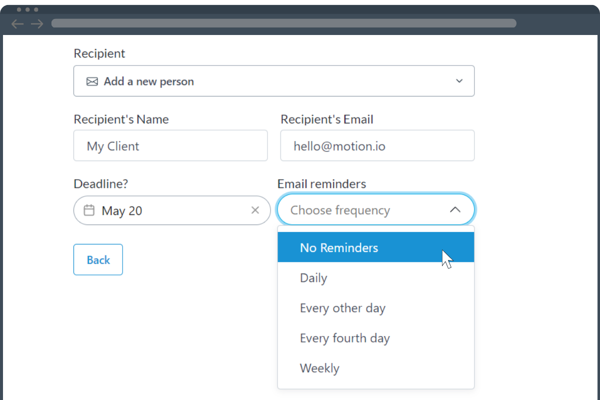 Image showing the process of setting the email reminder frequency when send a form created in Motion.io to a client.