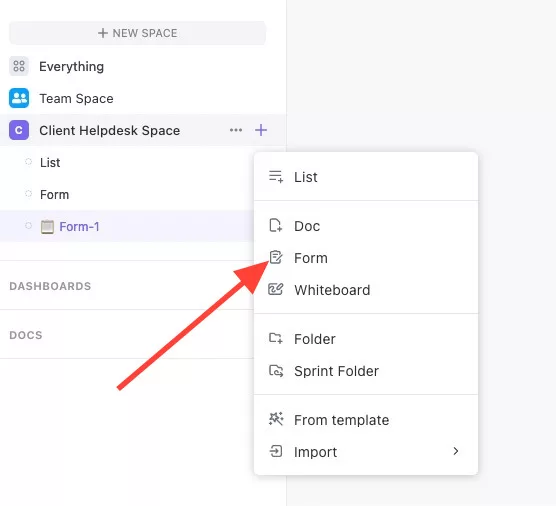 selecting the form option in clickup