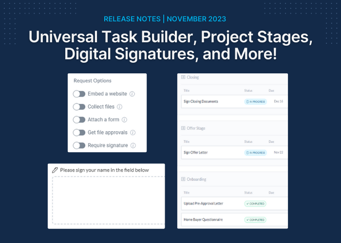 Featured image for Motion.io Client Portals November 2023 Release Notes covering our Universal Task Builder, Digital Signatures, and More