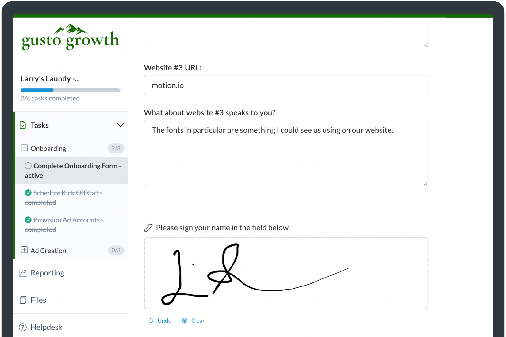 Image showing a client task in Motion.io that features an attached form and requires the client to sign.