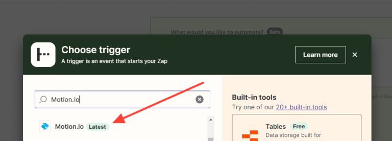 Image showing the process of selecting Motion.io as a trigger event in Zapier to then connect Motion.io to Zapier.