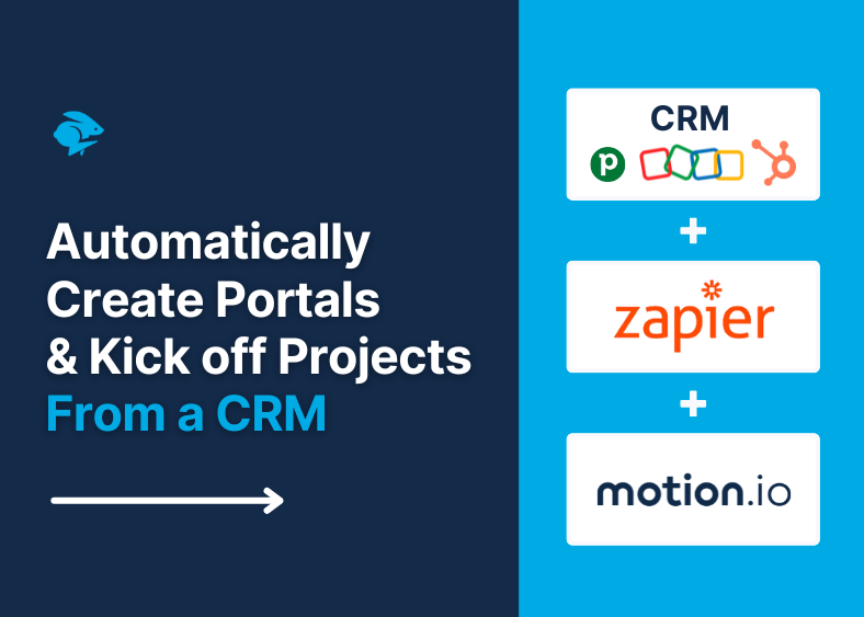 Featured image for Motion.io's blog post that explains how to set up a workflow that automatically creates portals & kicks off projects from a CRM. Image shows example of a typical workflow with common CRM options, Zapier, and Motion.io logos.