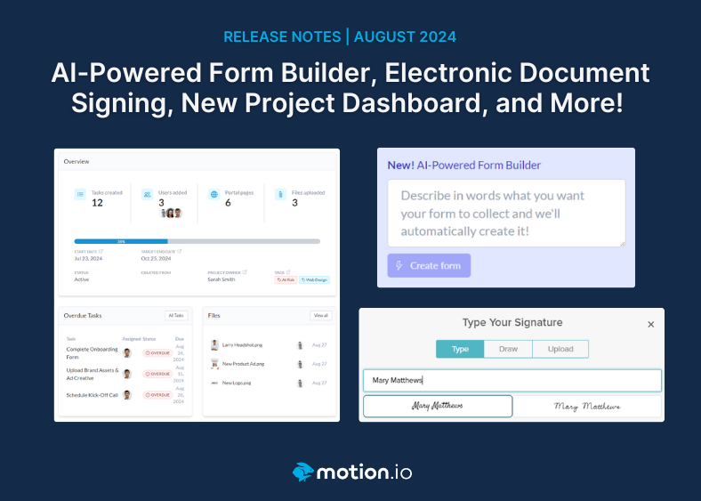 Featured image for Motion.io's August 2024 Release Note. Images shows the key new features included in this Motion.io product update: an AI-powered form builder, a new project dashboard, and electronic document signing.