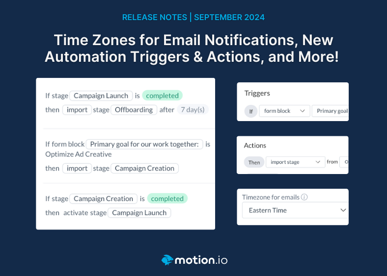 Featured image for Motion.io's September 2024 release notes. Image shows the title "Time Zones for Email Notifications, Automation Triggers & Actions, and More!" with pictures of Motion.io's new Time Zone setting for email notifications, automation trigger for form blocks, and automation action to import a project stage.