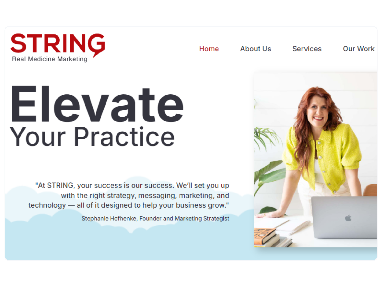 Motion.io Customer Case Study for String Marketing. Image shows a screenshot of String Marketing's website homepage.